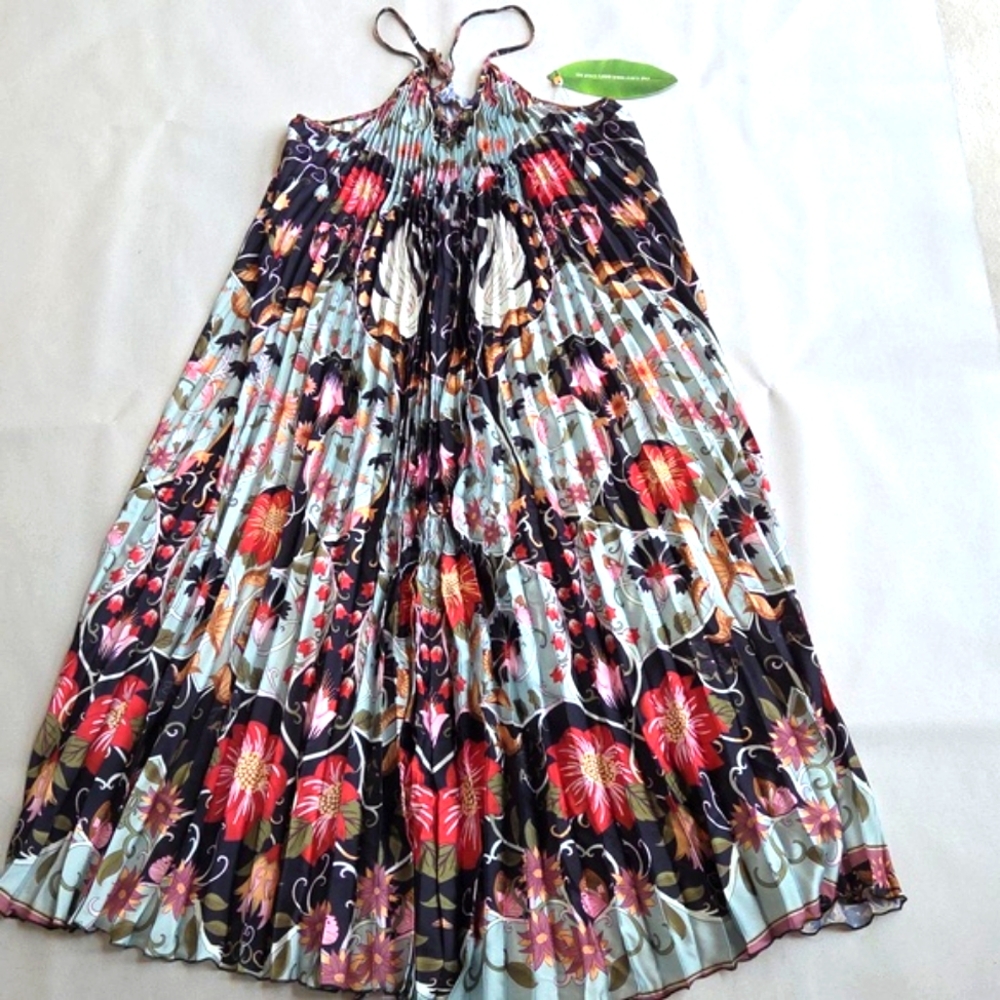 NWT$280 FARM RIO Blue Flowing Beauty Pleated Sleeveless Midi Dress Size Large - Picture 11 of 16